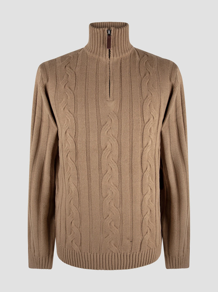 Mish Mash Cable Knit Oak Mens 3/4 Zip Jumper