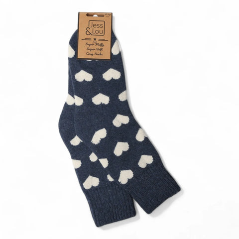 Jess And Lou Blue Hearts Cosy Ribbed Super Soft Wool Blend Socks
