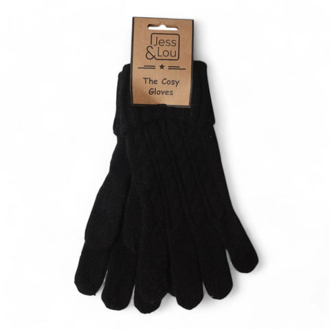 Jess And Lou Black Womens Cosy Cable Knit Gloves - Super Soft Wrist Warmers for Ultimate Comfort