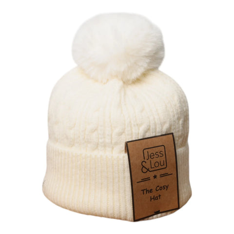Jess And Lou Cream Unisex Super Soft Cosy Cable Bobble Hat