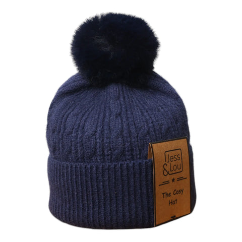 Jess And Lou Navy Unisex Super Soft Cosy Cable Bobble Hat