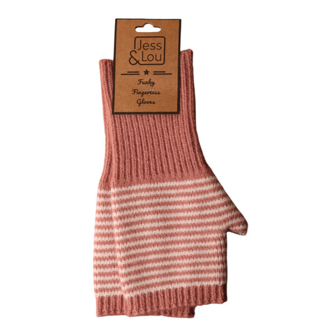 Jess And Lou Pink & White Womens Stripy Soft Cosy Fingerless Gloves - Super Soft Wrist Warmers for Ultimate Comfort
