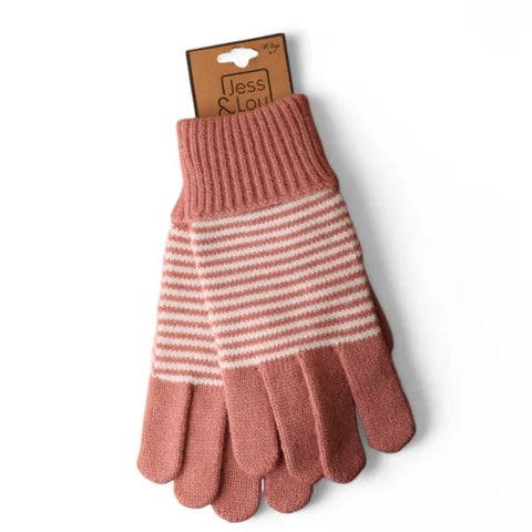 Jess And Lou Pink & White Womens Stripy Plain Knit Cosy Gloves