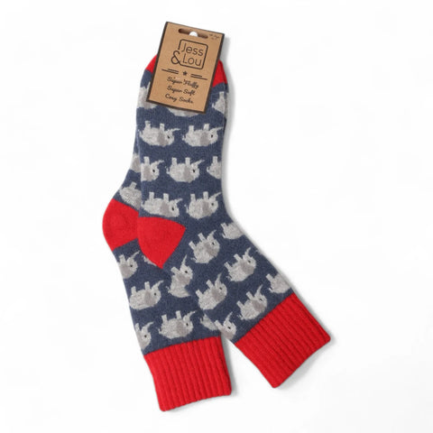 Jess And Lou Blue Elephants Cosy Ribbed Super Soft Wool Blend Socks