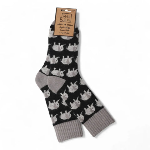 Jess And Lou Black Elephants Cosy Ribbed Super Soft Wool Blend Socks