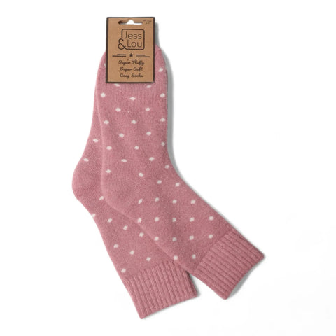 Jess And Lou Pink Dots Cosy Ribbed Super Soft Wool Blend Socks