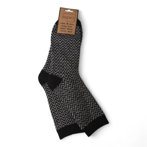 Jaspers Black Herringbone Mens Cosy Ribbed Super Soft Wool Blend Socks