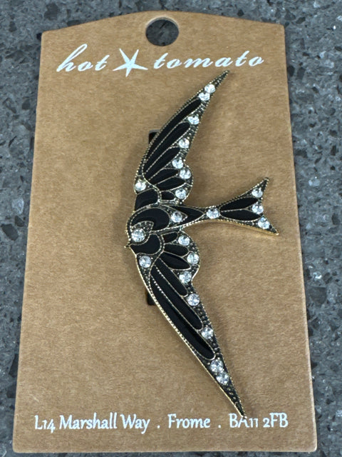 BR - Swallow Flight - Antique Gold / Blk Enamel / Clear Crys