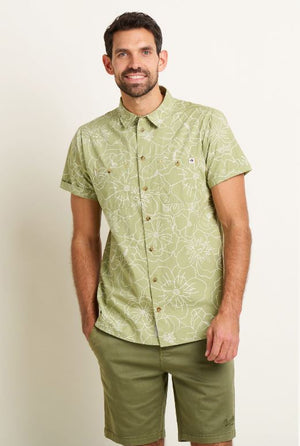 Brakeburn Linear Floral Green Mens Short Sleeve Shirt