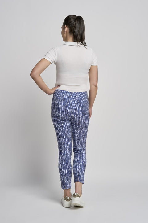 Pinns Womens 302CT Buttercup Blue Geo Slim Leg Bengaline Ankle Grazer with Back Slit Trousers