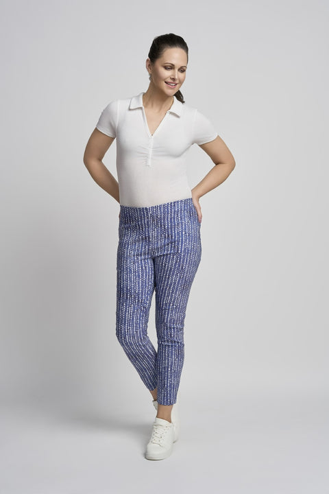 Pinns Womens 302CT Buttercup Blue Geo Slim Leg Bengaline Ankle Grazer with Back Slit Trousers