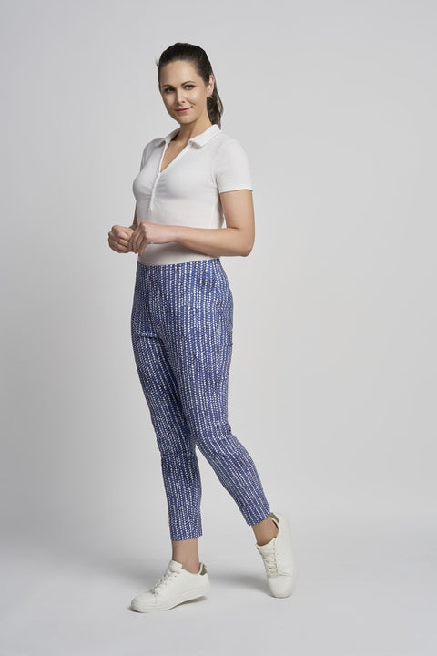 Pinns Womens 302CT Buttercup Blue Geo Slim Leg Bengaline Ankle Grazer with Back Slit Trousers