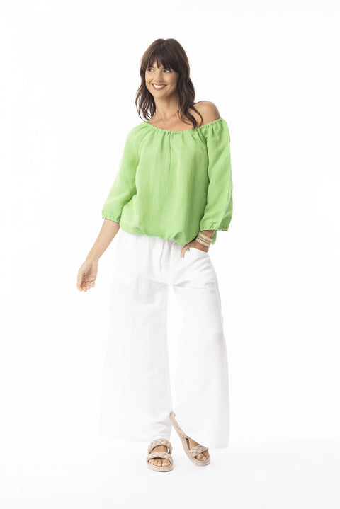 Escape By OQ Linen Solid Top Gathered Neck - Classic Green 72551G