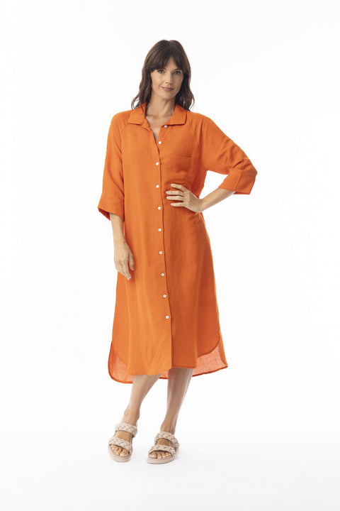 Escape By OQ Linen Solid Shirt Dress Mandarin 71583