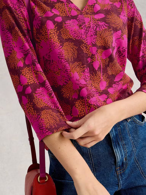 White Stuff Nellie 3/4 Length Sleeve Top Pink Print