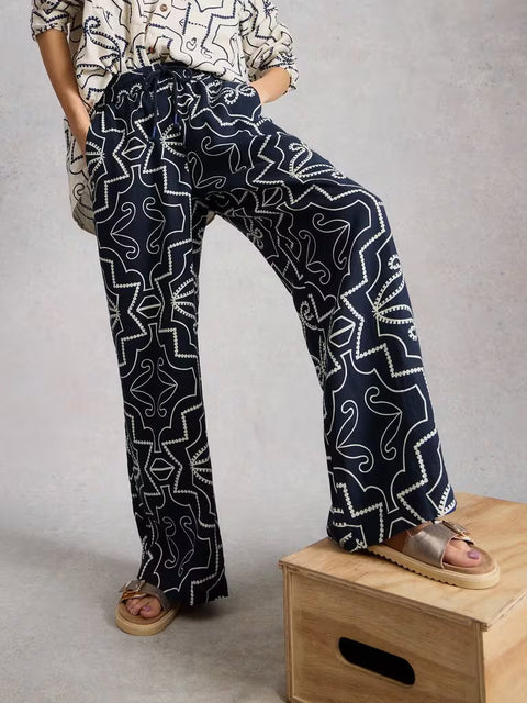 White Stuff Ally Linen Wide Leg Trouser Navy Print