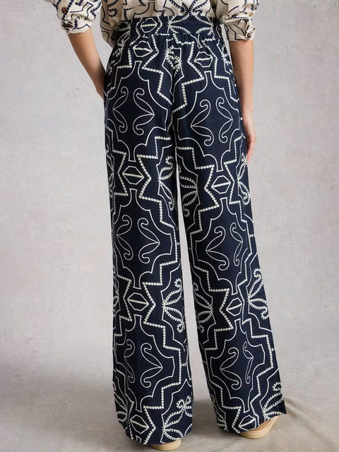 White Stuff Ally Linen Wide Leg Trouser Navy Print