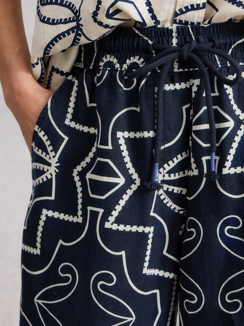 White Stuff Ally Linen Wide Leg Trouser Navy Print