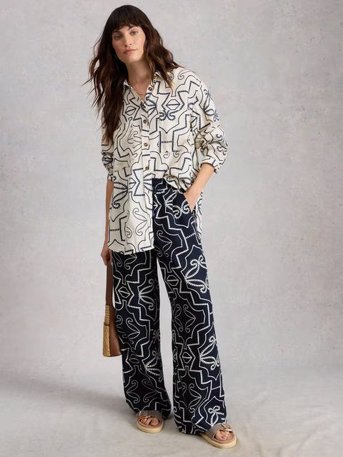 White Stuff Ally Linen Wide Leg Trouser Navy Print