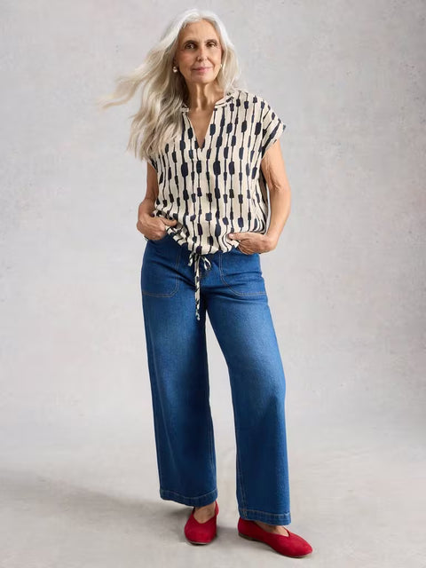White Stuff Nicole Linen Blend Top Ivory Print