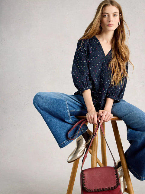 White Stuff Ruby Cotton Organic Top Navy Multi