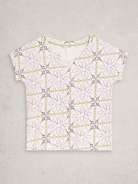 White Stuff Nelly Notch Neck Tee White Print
