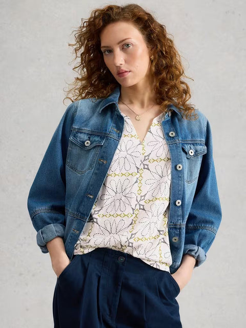 White Stuff Nelly Notch Neck Tee White Print