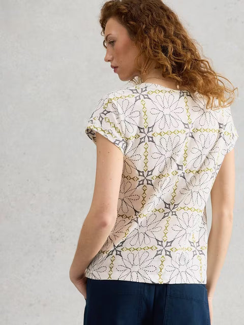 White Stuff Nelly Notch Neck Tee White Print