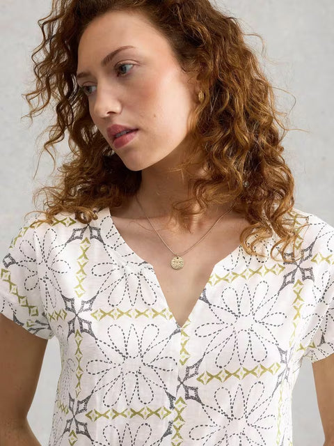 White Stuff Nelly Notch Neck Tee White Print