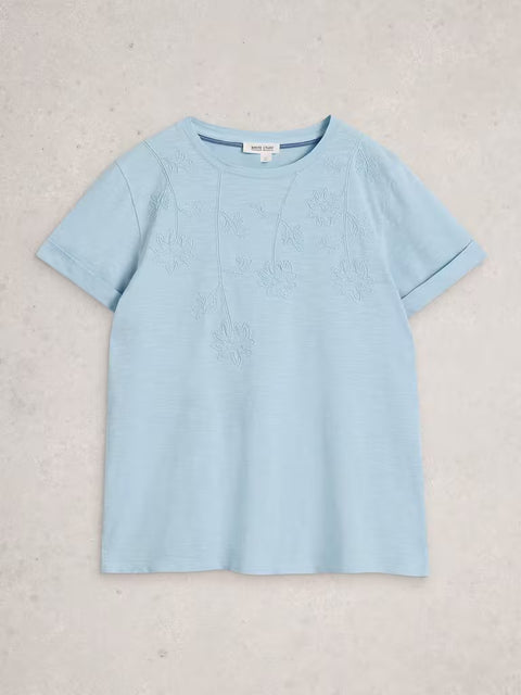White Stuff Gina Embroidered Tee Mid Blue