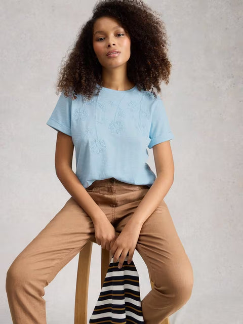 White Stuff Gina Embroidered Tee Mid Blue
