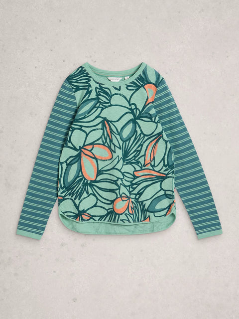 White Stuff Clara LS Tee Teal Print