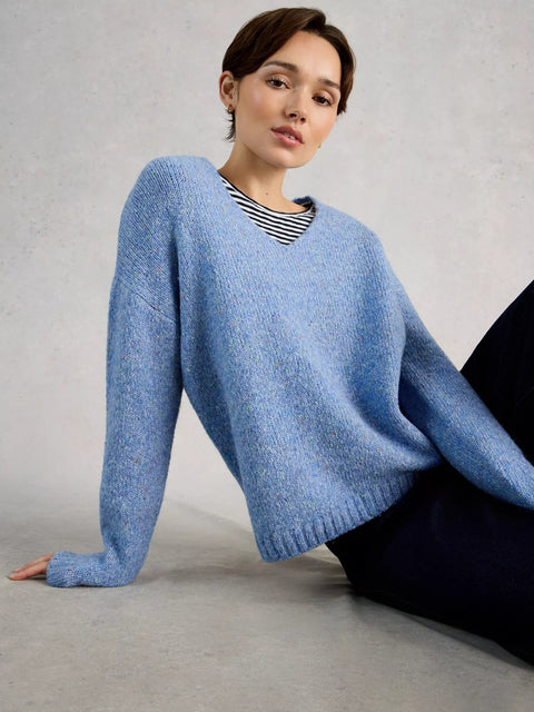White Stuff Tamara Texture V Neck Jumper Mid Blue