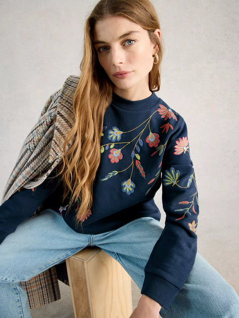 White Stuff Embroidered Floral Sweat Top Navy Multi