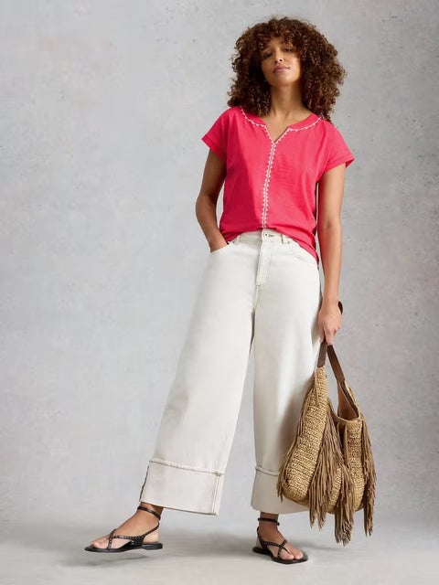 White Stuff Nelly Plain Embroidered Tee Pink