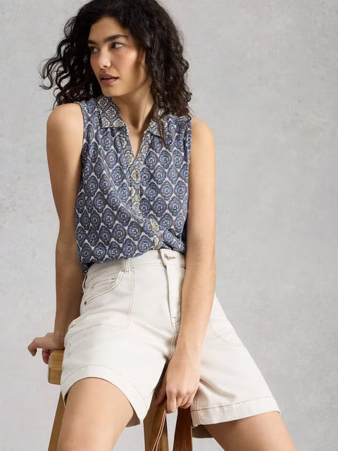 White Stuff Amy Sleeveless Shirt 445845 Blue Print