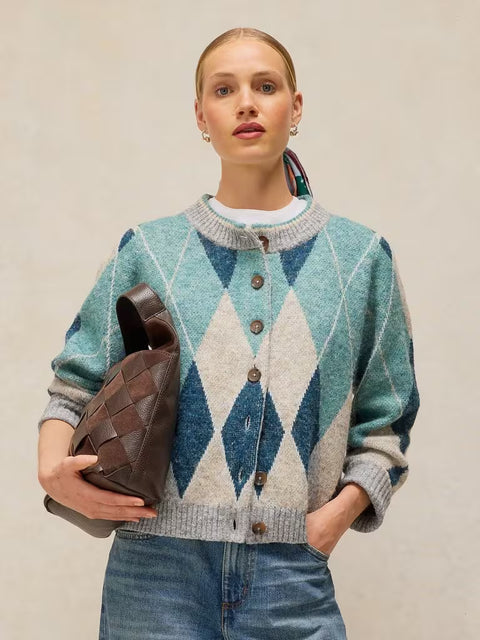 White Stuff Argyle Check Blue Multi Cardi