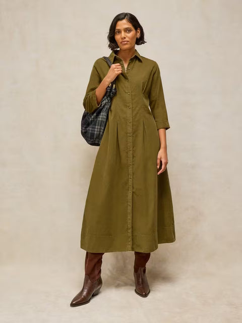 White Stuff Ellie Khaki Green Cord Pleated Dress