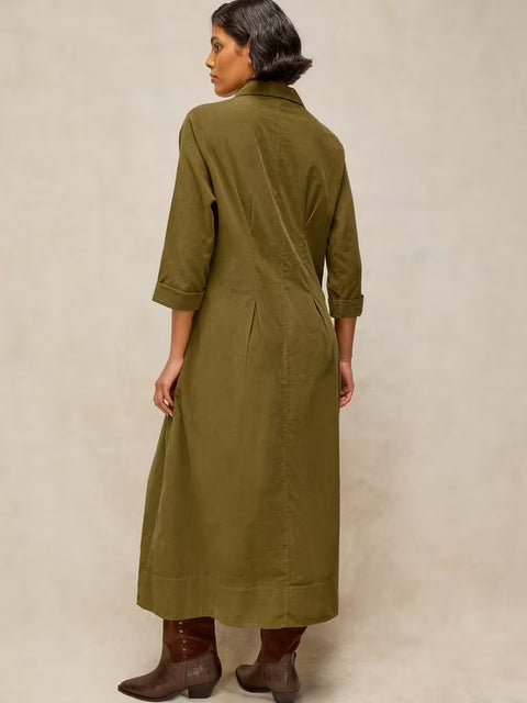 White Stuff Ellie Khaki Green Cord Pleated Dress