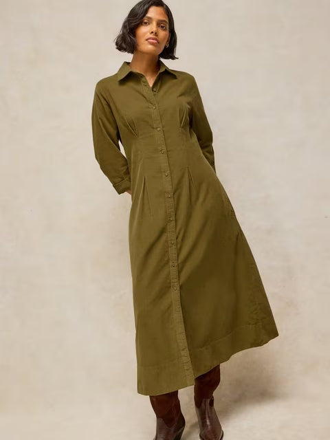 White Stuff Ellie Khaki Green Cord Pleated Dress