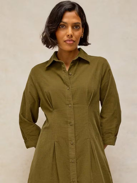 White Stuff Ellie Khaki Green Cord Pleated Dress