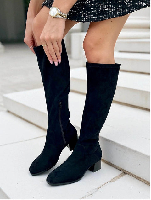 Ella Maddie Black Faux Suede Knee High Stretch Womens Boots