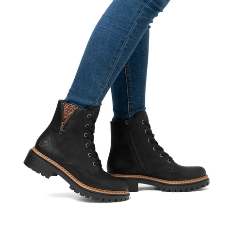 Rieker 72617-00 Black Womens Casual Comfort Lace Up Zip Up Leather Ankle Boots