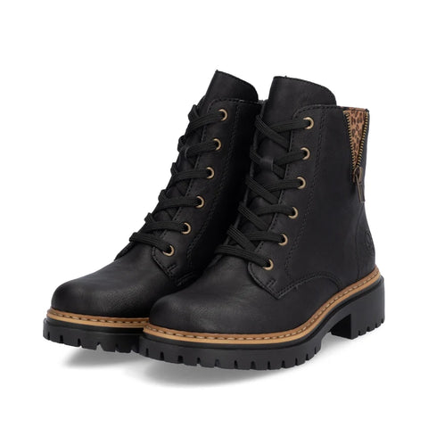 Rieker 72617-00 Black Womens Casual Comfort Lace Up Zip Up Leather Ankle Boots