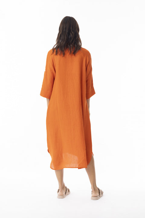 Escape By OQ Linen Solid Shirt Dress Mandarin 71583
