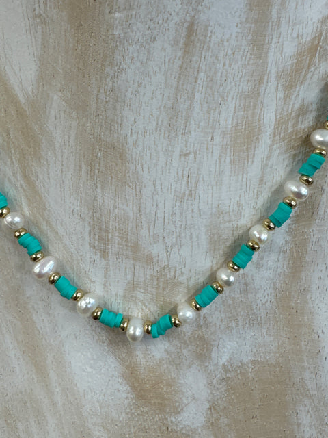 Hot Tomato Poly Pearls Necklace - Turquoise/Nat Pearl/Gold