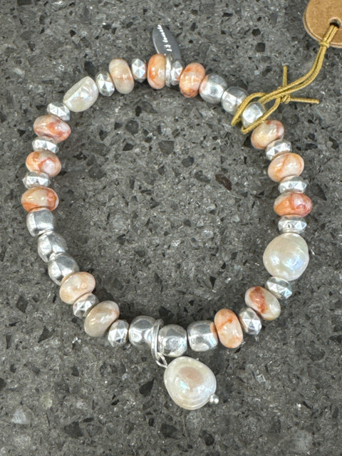 Hot Tomato Bracelet - Stone & Pearl Blend with Pearl Drop - Worn Silver