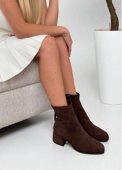 Ella Sammy Brown Faux Suede Womens Block Heel Ankle Boots