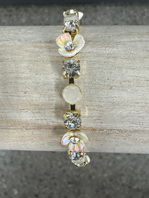 Hot Tomato Flower Chain Bracelet with Extender - Faux mother of pearl and Clear Crystal