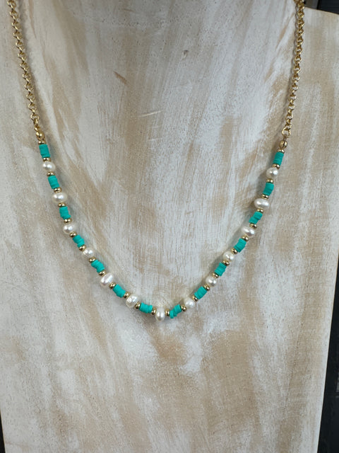 Hot Tomato Poly Pearls Necklace - Turquoise/Nat Pearl/Gold